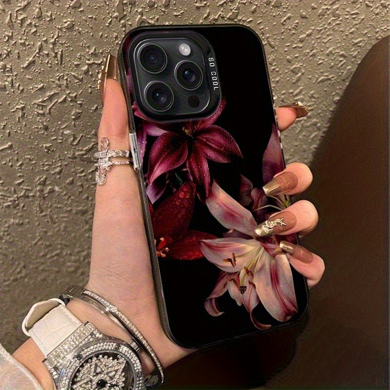 TEMU Phone Case: Background With Pink And Burgundy Hibiscus Flower Pattern, Black, White, And Silvery-tone Phone Case. Suitable For Iphone