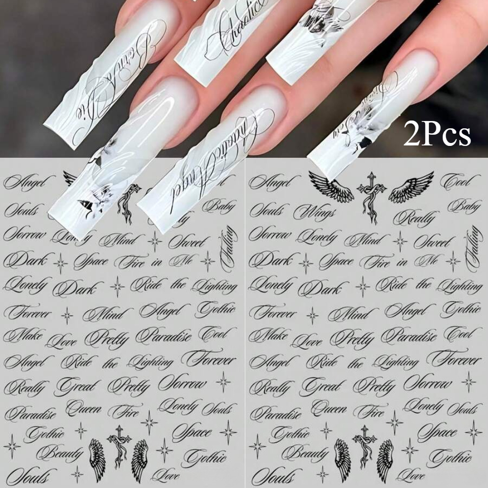 2pcs Gothic Style English Calligraphy Wings Cross Star Y2k Nail Stickers Black White English Letter Character Punk Rock Style Nail Stickers, Minimalist Diy Nail Art Decor For Women