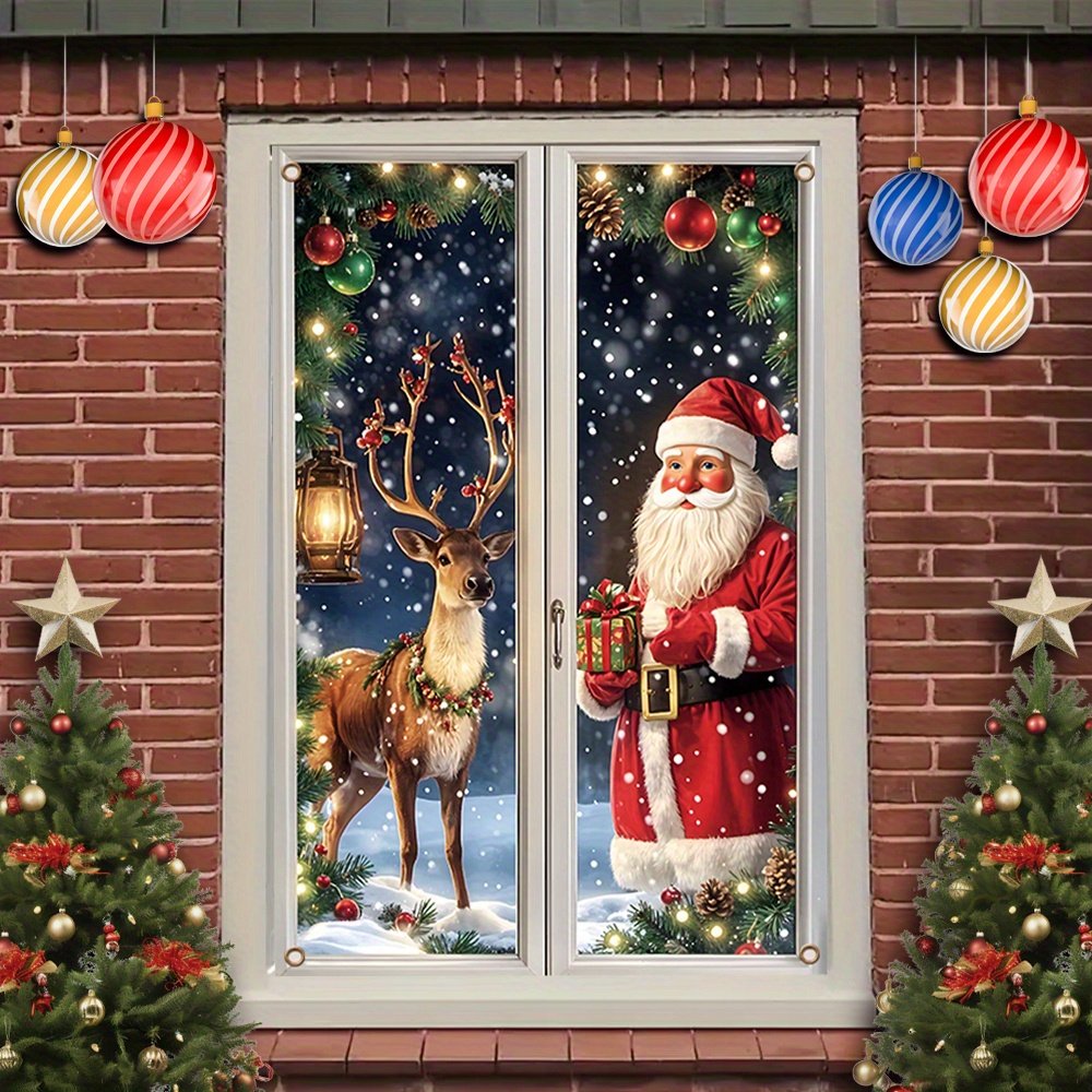 2D Plat, Zelfklevend Kerst Raamvlag met Santa & Rendier - Sneeuwvlokken Vlaggenslinger Met Hulstbessen En Twinkel-Effect, Duurzame Binnen/Buiten Feestdecoratie voor Deuren, Partijtjes en Huizen (Makkelijk Afpelbaar), 2D Flat, 1 Stuk
