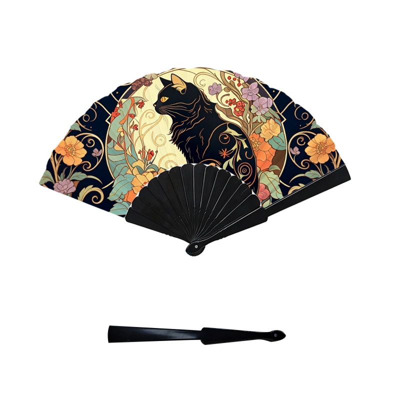 TEMU 1pc Handheld Fan With Black Cat & Floral Print - Elegant Plastic Blade Cooling Fan Suitable For Indoor/outdoor Use, Decorative Cat-themed