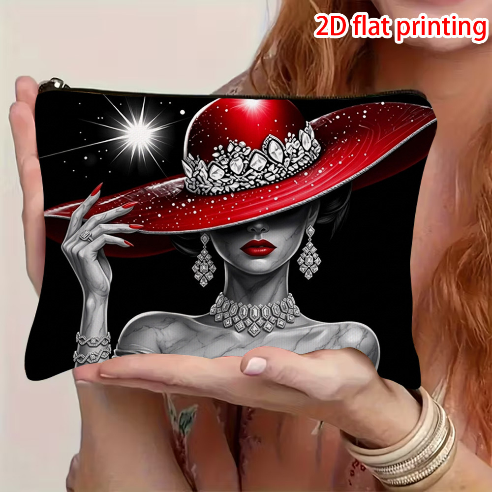TEMU 1 pièce Trousse de maquillage pour femme, adaptée pour et l' , pochette à fermeture éclair rouge et noire avec motif dame au et bijoux, cadeau