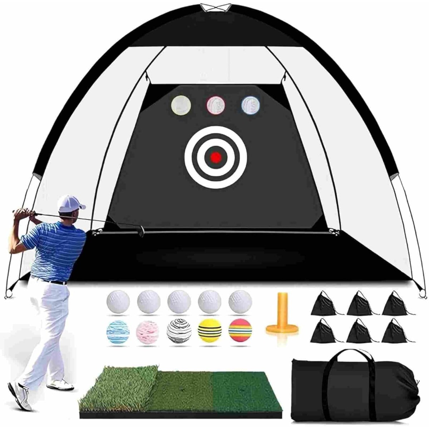 Image of Modern 10x7ft Golf Practice Net With Mat - Complete Hitting And Chipping Training Set For Indoor And Outdoor Use, Including Mat And Balls For Men, Dads And Golf Lovers