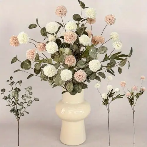 Beige White Mums Flowers + Eucalyptus 7 Stems Pom Pom Long Stem Artificial Flowers for Vase Silk Chrysanthemum for Centerpiece Bouquet Filler Floral Arrangement Mothers Day Decor