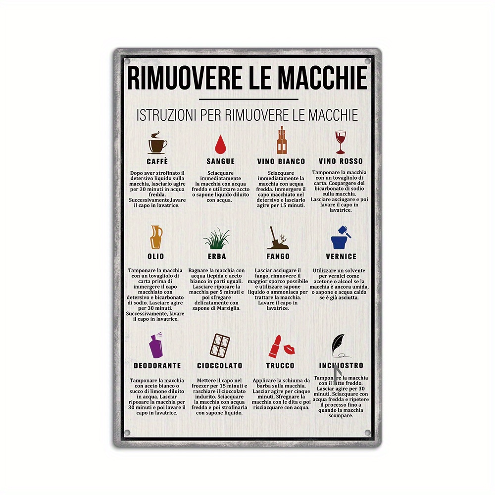 TEMU 2D Piatto, 1pz Insegna Vintage Italiana - "Istruzioni per Rimuovere le Macchie" Retro per la Rimozione delle Macchie, Decorazione per Lavanderia