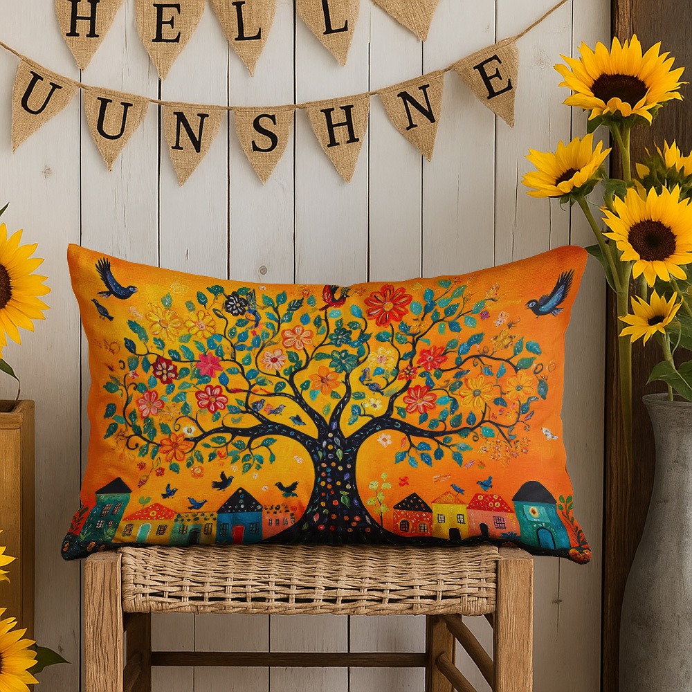 TEMU 1pc Bohemian Tree Of Life Pillow Cover - Bird Print Cushion Case With Zipper Closure, Zippered Rectangular Lumbar Cover Suitable For Sofa Bed