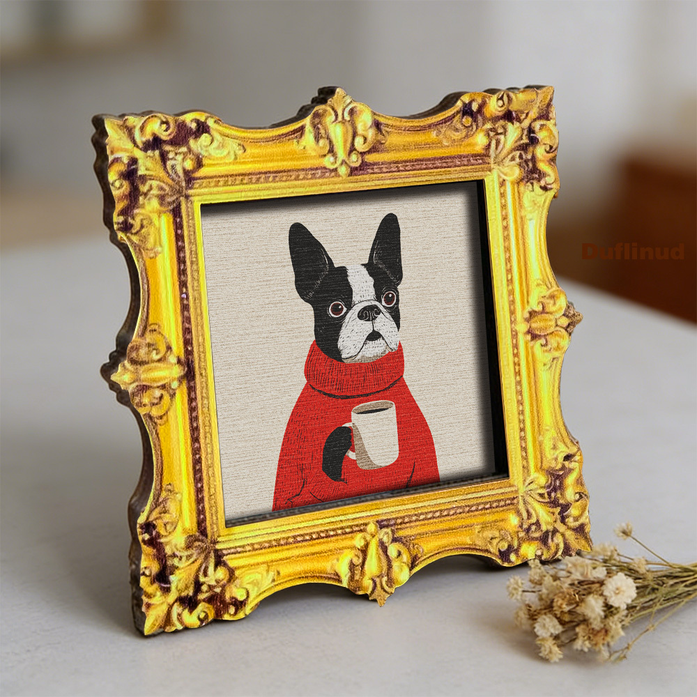 TEMU 1 aimant de réfrigérateur en bois avec motif de bulldog , mini peinture décorative en bois de style rétro, chien portant un pull rouge, tenant