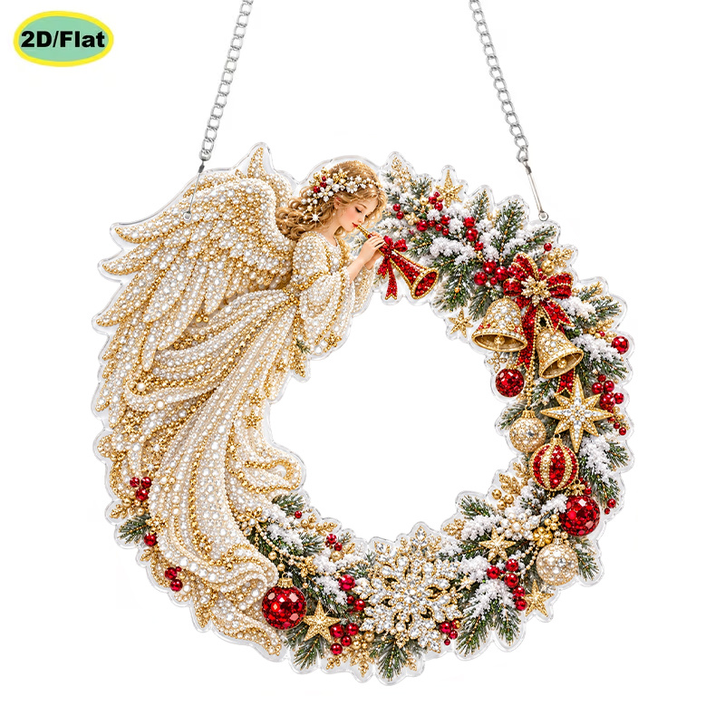 TEMU 1pc Diamond Painting Decorative Hanging Ornaments 5d Wreath Pendant Kit With Chain Clay Glue Tray And Pen, Xmas Tree Car Window Hanging Decor,