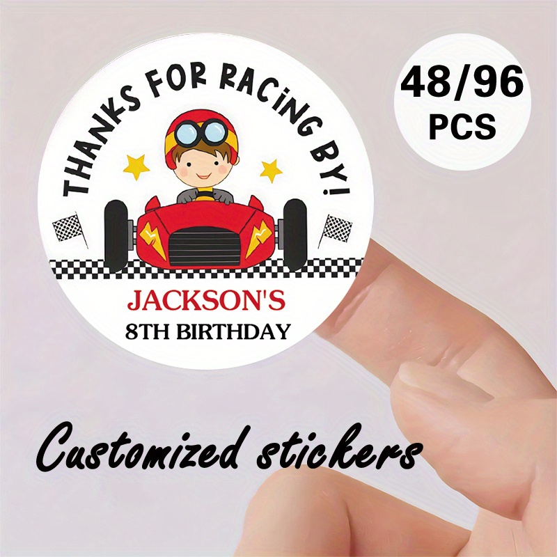 TEMU Custom 48/96pcs "racing Car Celebration" Round Stickers, Personalizable Content (like Name, Date, Etc.). Featuring A Driving A . Suitable For