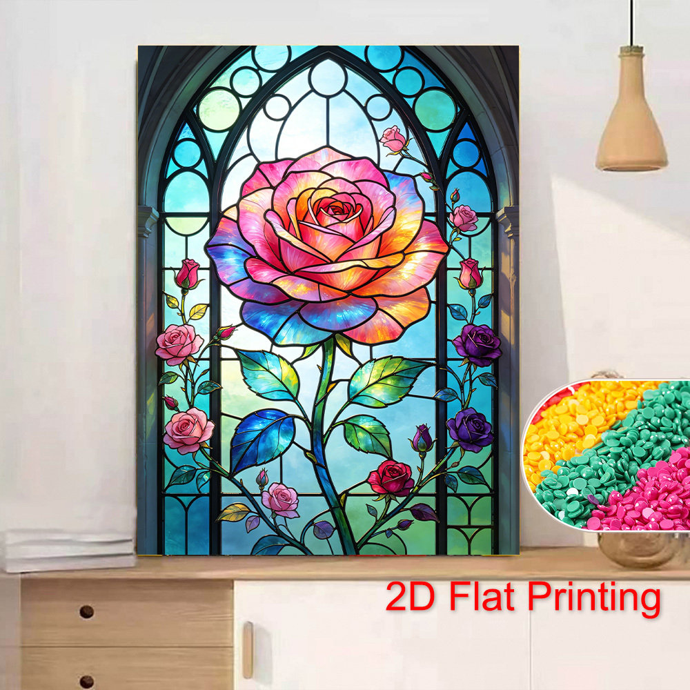 TEMU Kit de Peinture Diamant 5D à Soi- - Bijoux en Ronds, Kit d'Art sur Toile Diamantée Intégrale Cadre - Style Vitrail, Roses, Kit de Mosaïque ,
