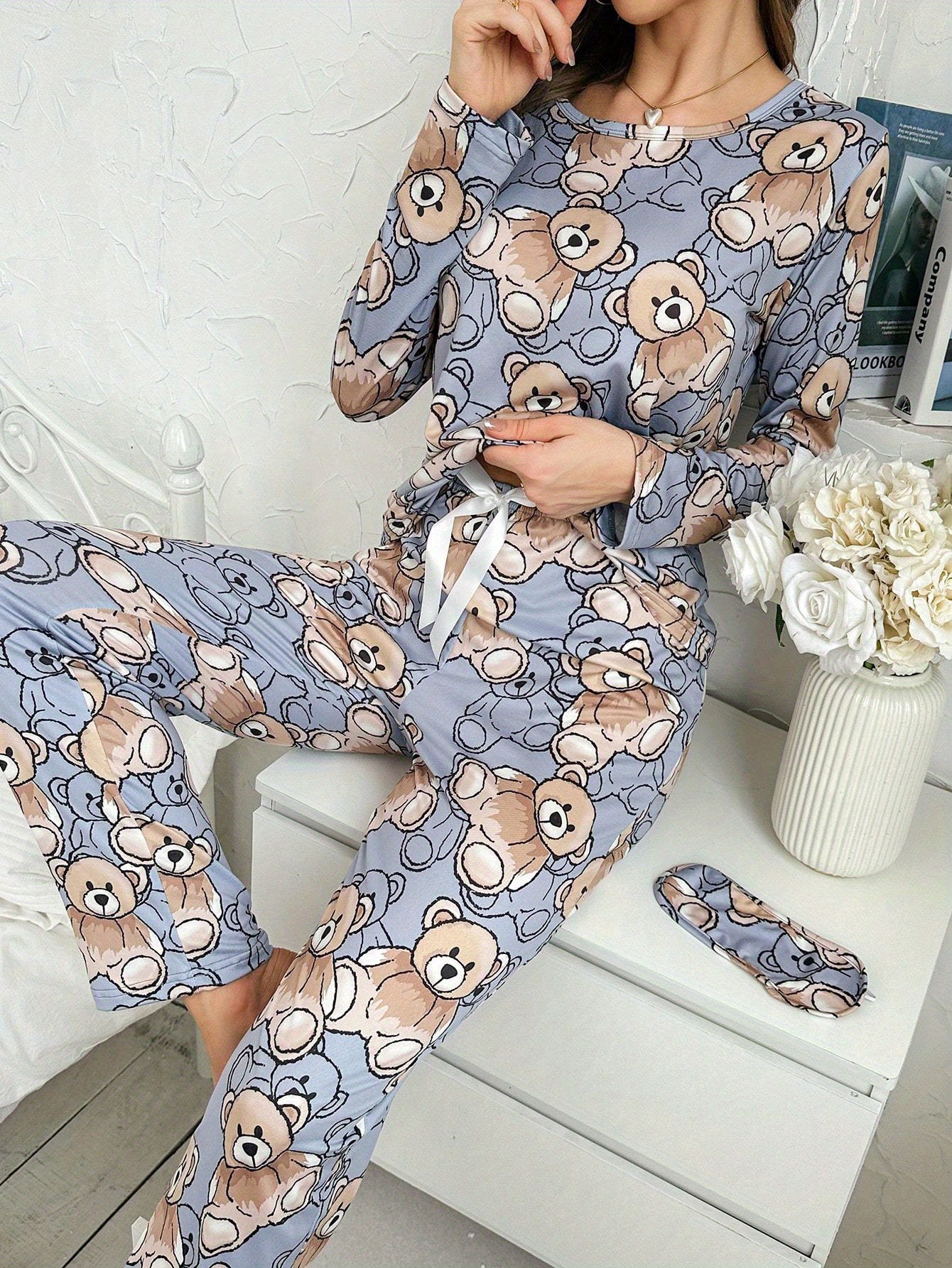 3 sets of 6pcs womens casual polyester tricolor long sleeved top long pants pajama set with eye mask doughnut doll bear moon and   fabric long sleeved top with trousers   casual loungewear     outs Product details 3