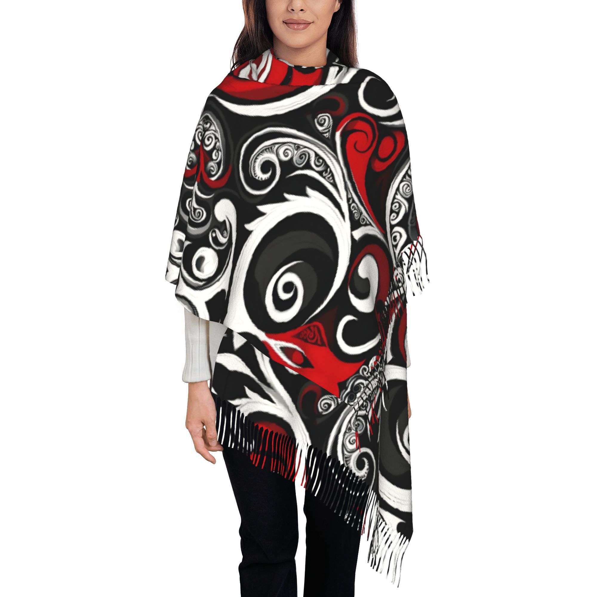 TEMU Paua & Koru Print Fringed Scarf Shawl - New Zealand Cultural, Warm Winter Accessory For Cycling, Christmas Gifts, Birthdays - Retro Pattern