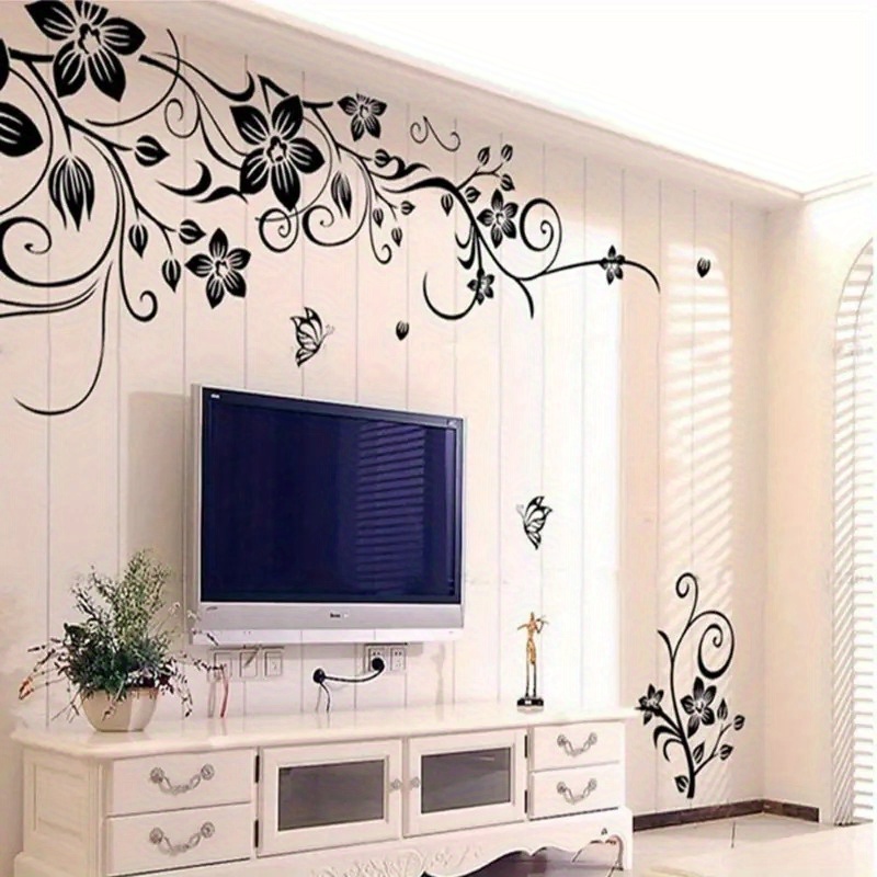 TEMU Black Floral & Wall Decals - , Vinyl Stickers For Bedroom, Kitchen, And Window Decor