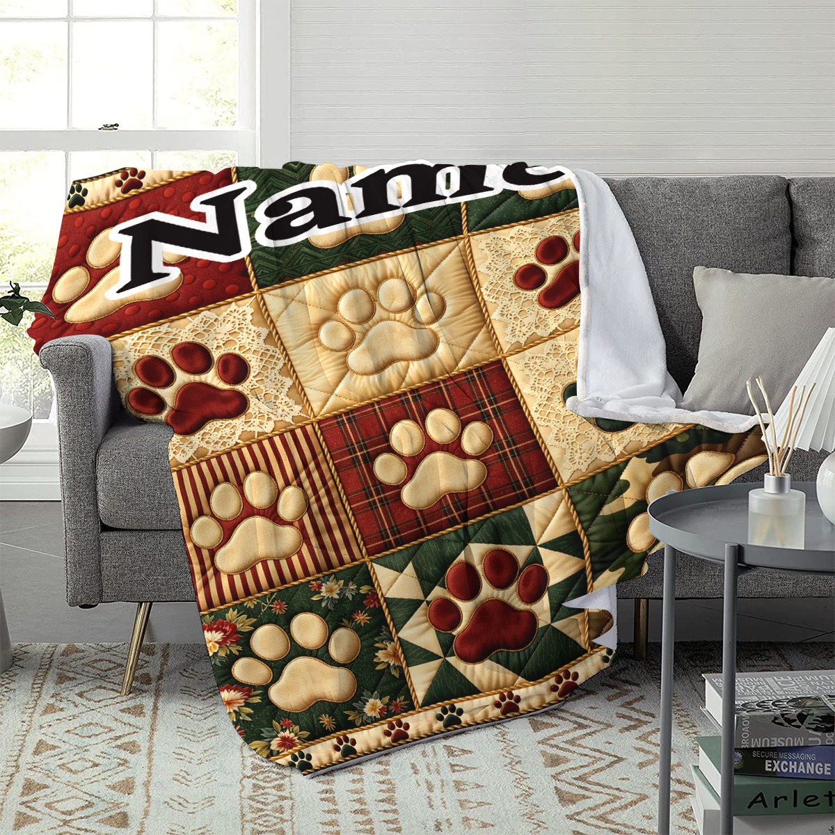 TEMU 1pc British Plaid Dog Paw Blanket With Custom Name/text - Suitable For Sofa, Camping & Travel, Soft Flannel Suitable For -season Use, Suitable