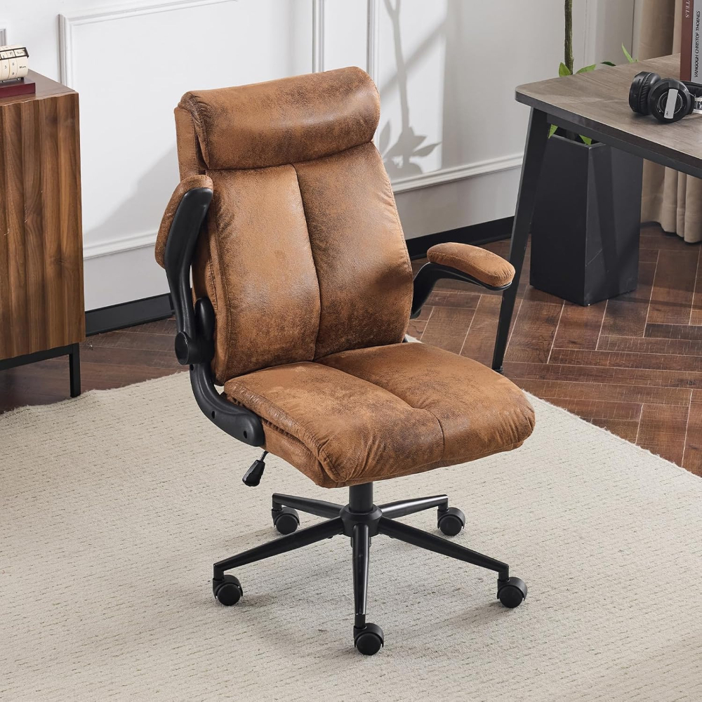 Image of Bonnlo Ergonomic Office Chair, Dark Brown () Microfiber Desk Chair With Flip-up Armrests, 105°-120° Rocking Function, Adjustable Height & Swivel, 150kg Load Capacity