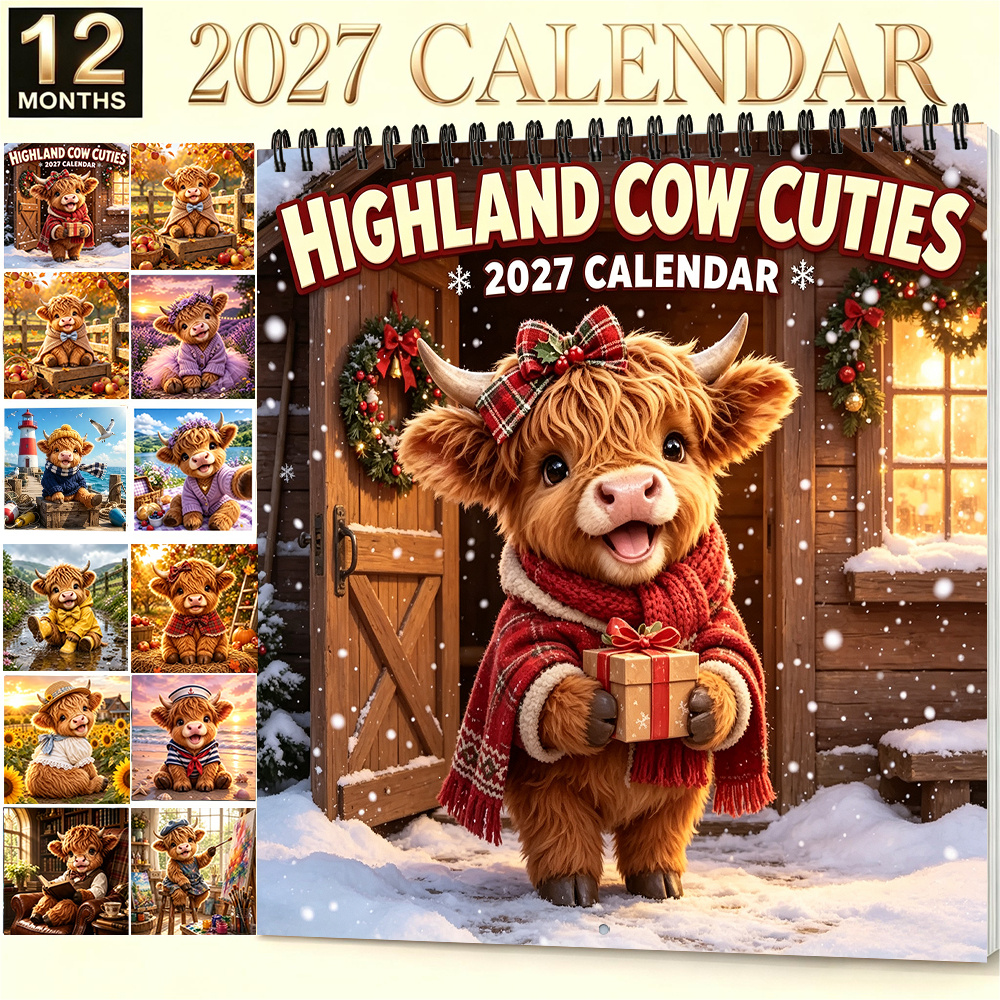 TEMU 1pc, 2027 Highland Cow Calendar 8.3 X 8.3 Inches Monthly Flip Wall Calendar, Cute Scottish Highland Cow Fun Illustrations, Thickened Paper,