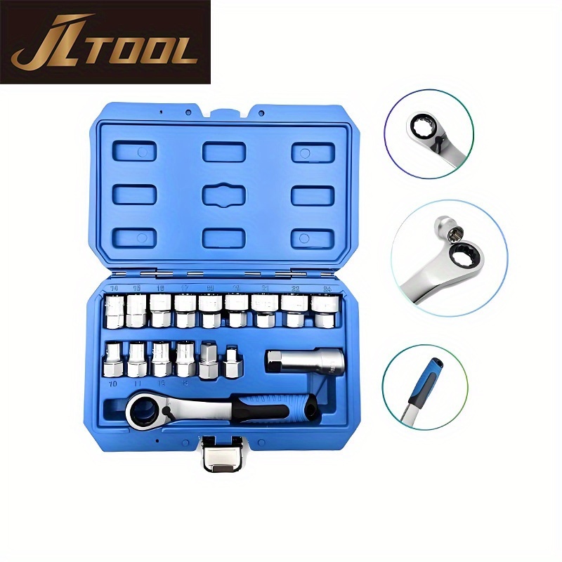 a set of 17 heavy duty chrome vanadium steel through sockets including   release ratchet wrench adapters and an abs toolbox 1 2   8 drive 12 point sockets suitable for tight spaces and compact areas Product details 0