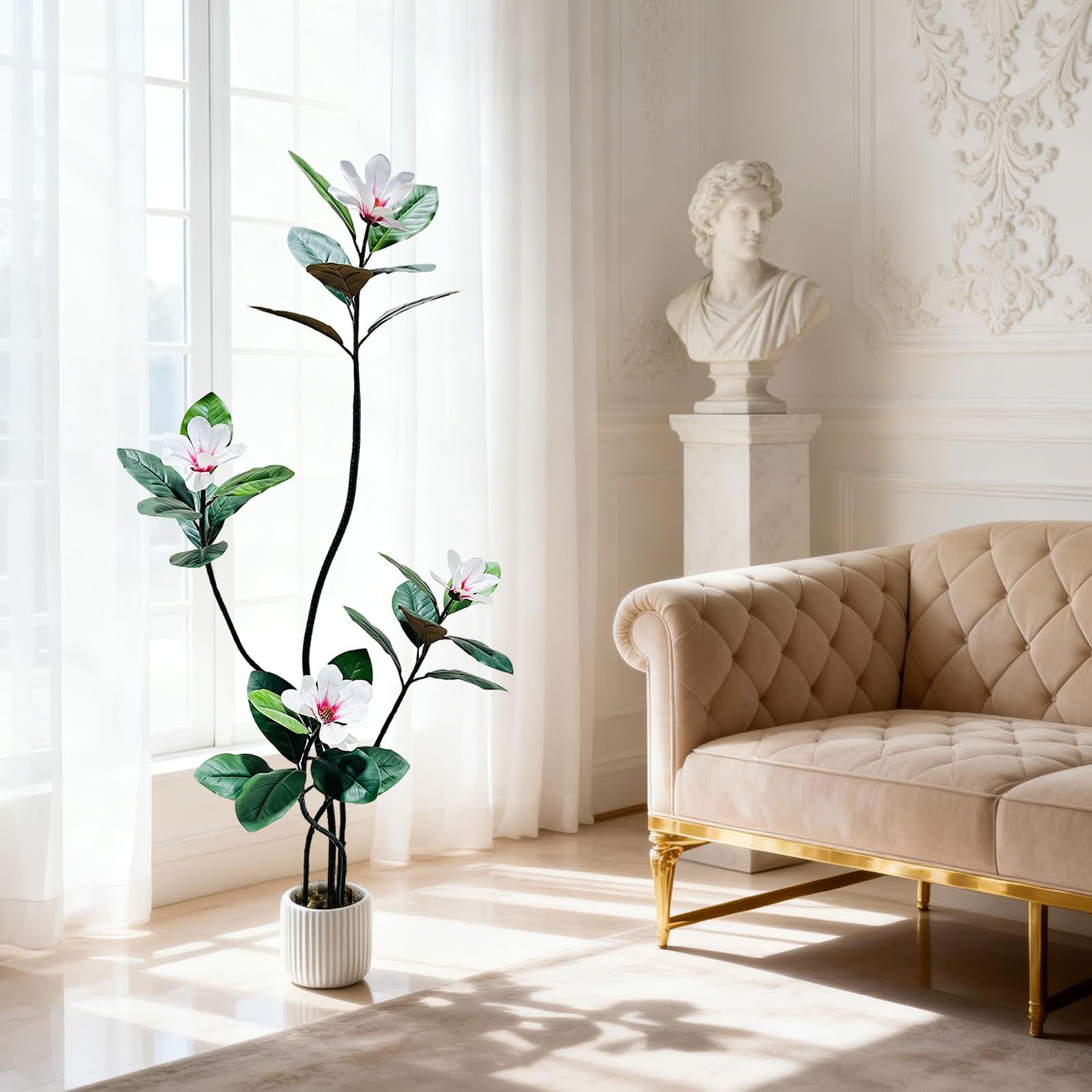 Image of Realistic Artificial Magnolia Tree, Faux With Flowers In Decorative Planter, Maintenance-free Indoor Home, Office, Or Living Room Decor, Size: 5ft