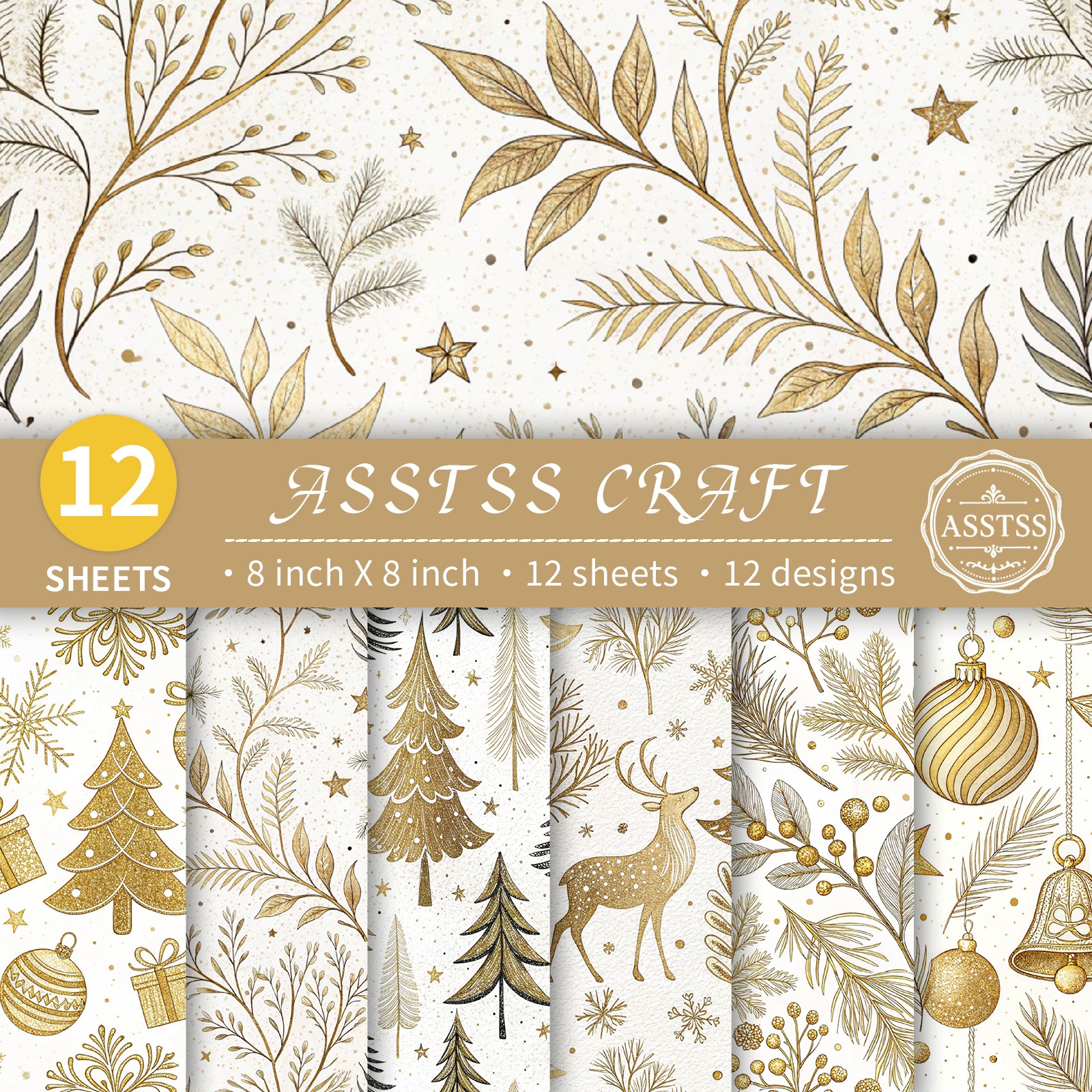 TEMU 12-sheet Asstss 8x8 Inch Scrapbooking Paper Pad, Christmas Pine Snowflake Backing Paper Supplies, Heavyweight Cardstock For Journaling, Collage