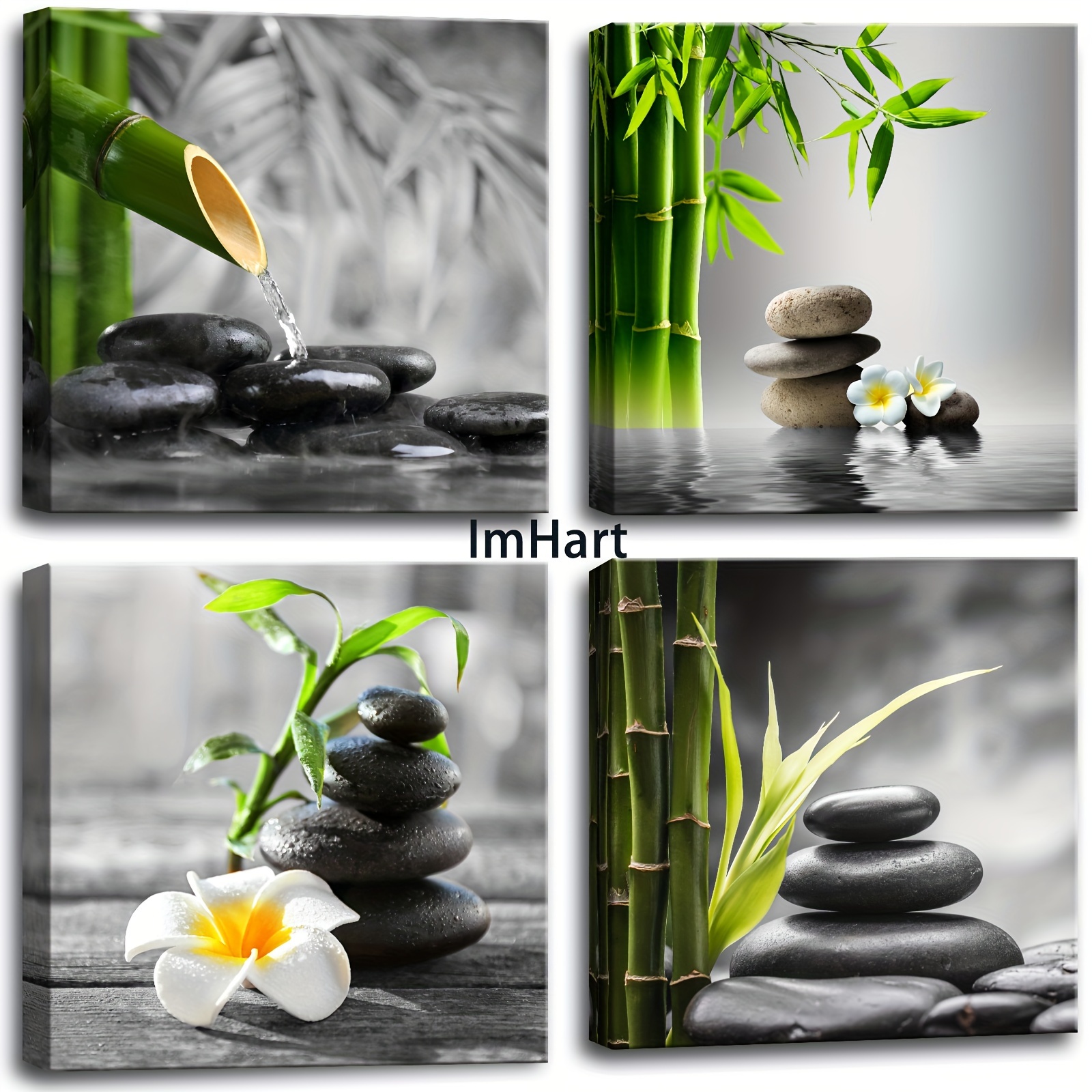 TEMU 2d Flat, 4pcs Framed Zen Wall Art Suitable For Bathroom Decor, Modern Minimalist Black & White Vertical Stone Prints, Wrap-around Canvas Frame