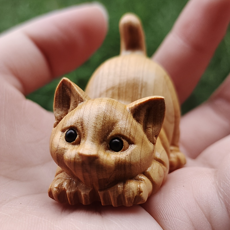 

[holiday ] Handcrafted Wooden Kitten Statue - Decor, Ideal Gift For Cat Enthusiasts, Intricately With Lifelike Features, Battery-free