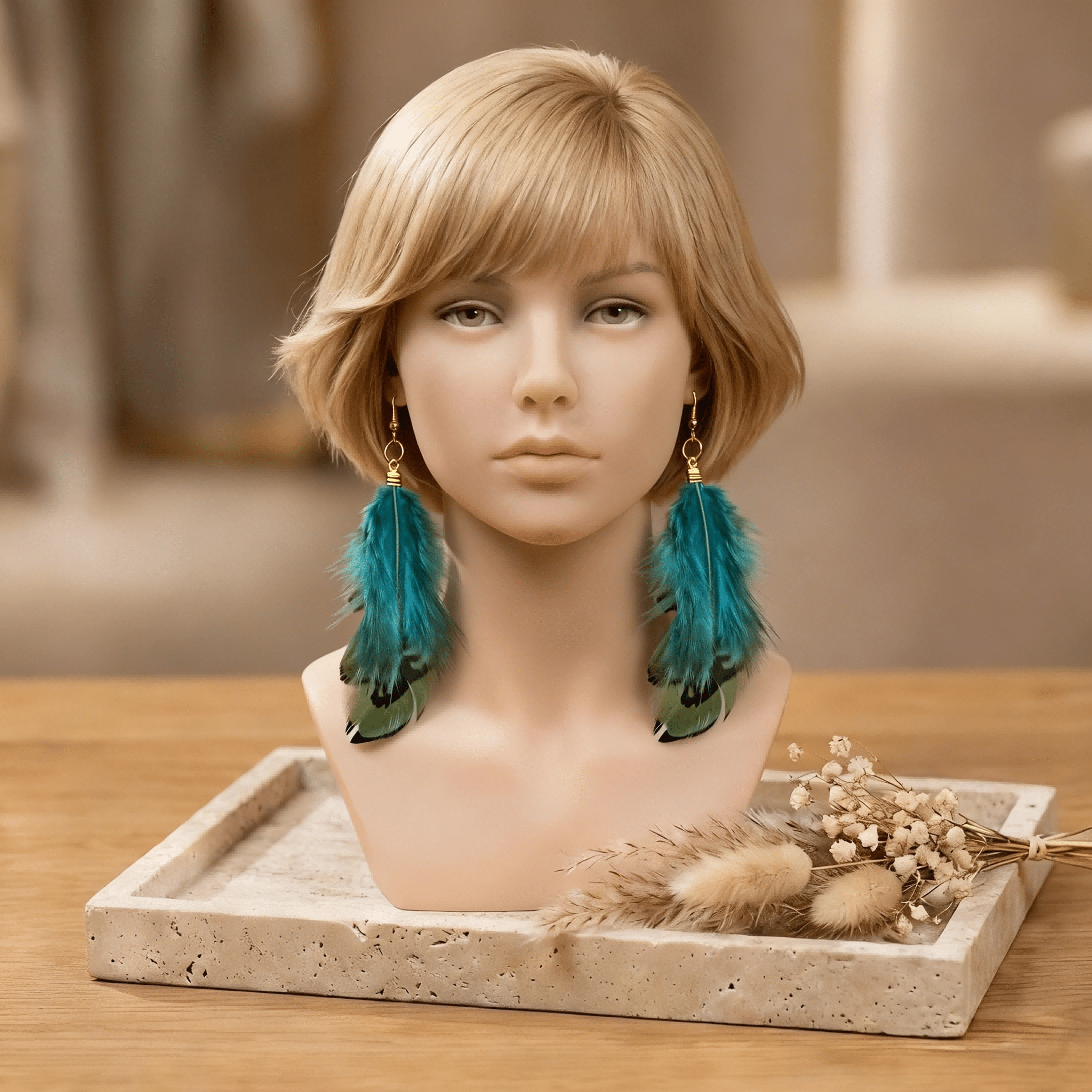 TEMU 1 Paire de Boucles d'Oreilles Longues Bohèmes en Plumes Artificielles, Crochets d'Oreilles en Cuivre Premium Plaqué Or 18K, Riches Plumes