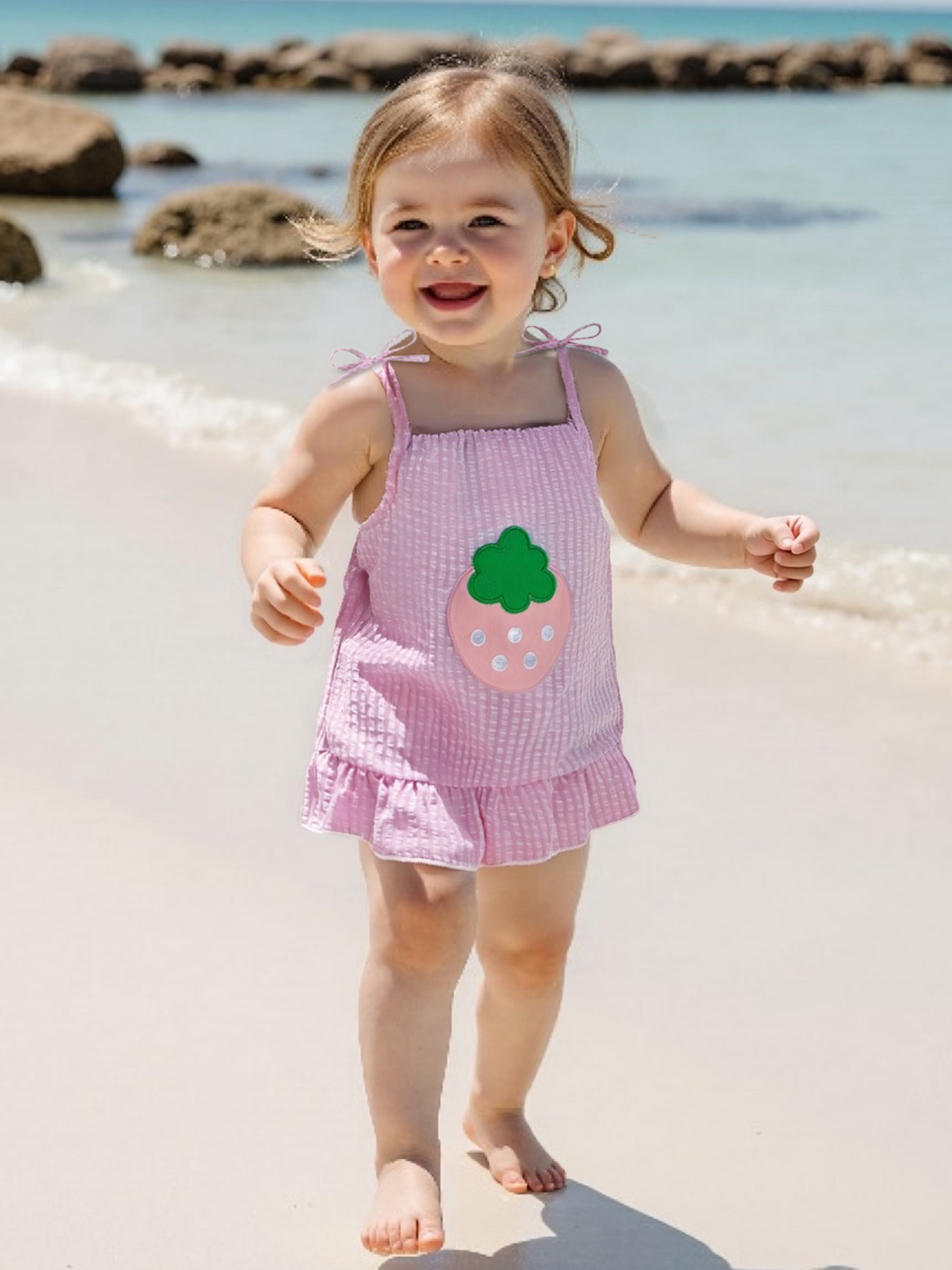 toddler girl's strawberry gingham dress with adjustable spaghetti straps &  square neck - loose fit ruffle hem summer dress, striped cute casual  playwear, machine washable, beach playwear, nontransparent fabric |  High-quality &