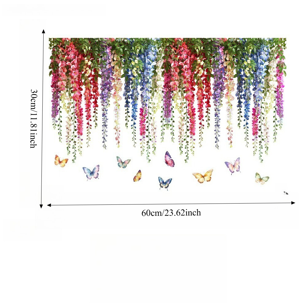 E-shop 2D Flat - Bunte Glyzinien Hängeblumenarrangement Schmetterling 2D Flat Glas Aufkleber Schlafzimmer Erker Glas Dekoration Fensteraufkleber