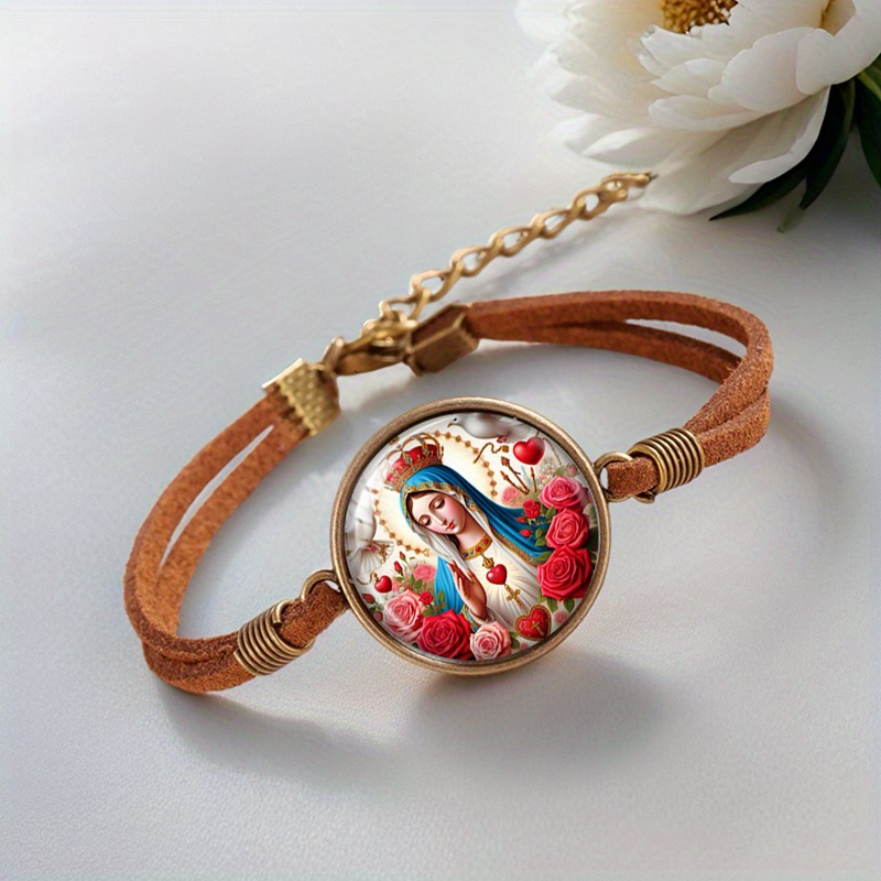 2pcs Virgin Mary and Jesus Retro Handmade Glass Cabochon Bangle Set