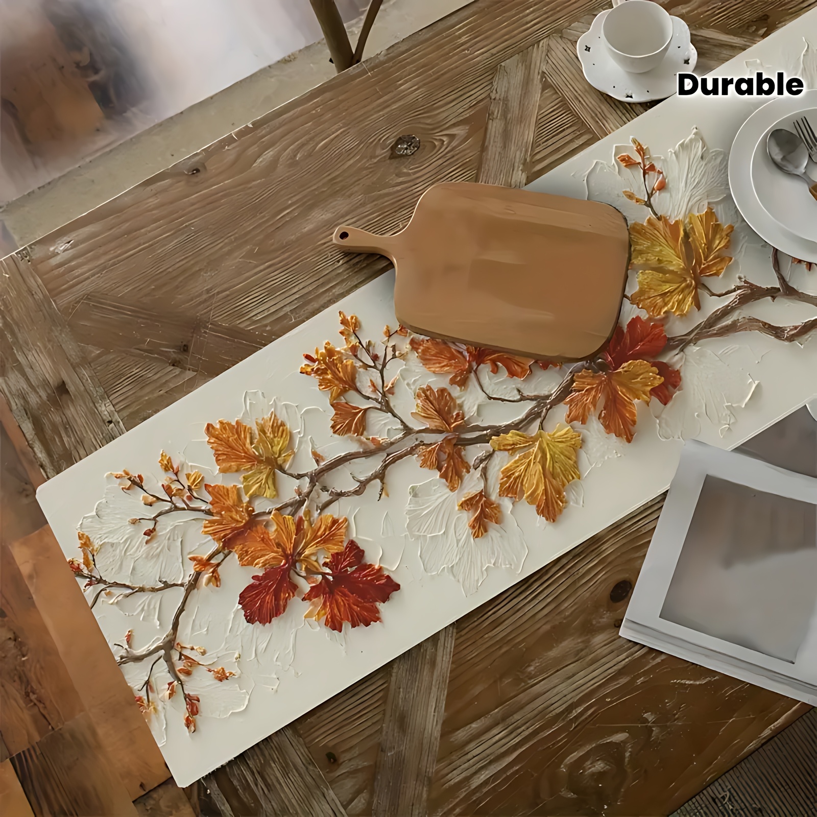 TEMU 1pc Autumn Table Runner - Realistic Fall Leaves In Brown, Orange, Yellow, Red, Green On Beige - Elegant Table Decor For Thanksgiving, Christmas,