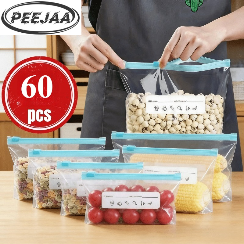 TEMU Peejaa 60pcs Reusable Refrigerator Storage Bag Set, Essential Kitchen Sealing Bags, 3 Sizesr Bags, Food Sorting Storage Bags, Food Preservation