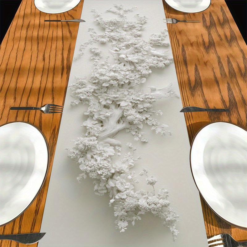 TEMU White Floral And Flying Bird Embossed Pattern Tablecloth, Fashionable And Durable Tablecloth, Tablecloth, Artistic Tablecloth, Suitable For