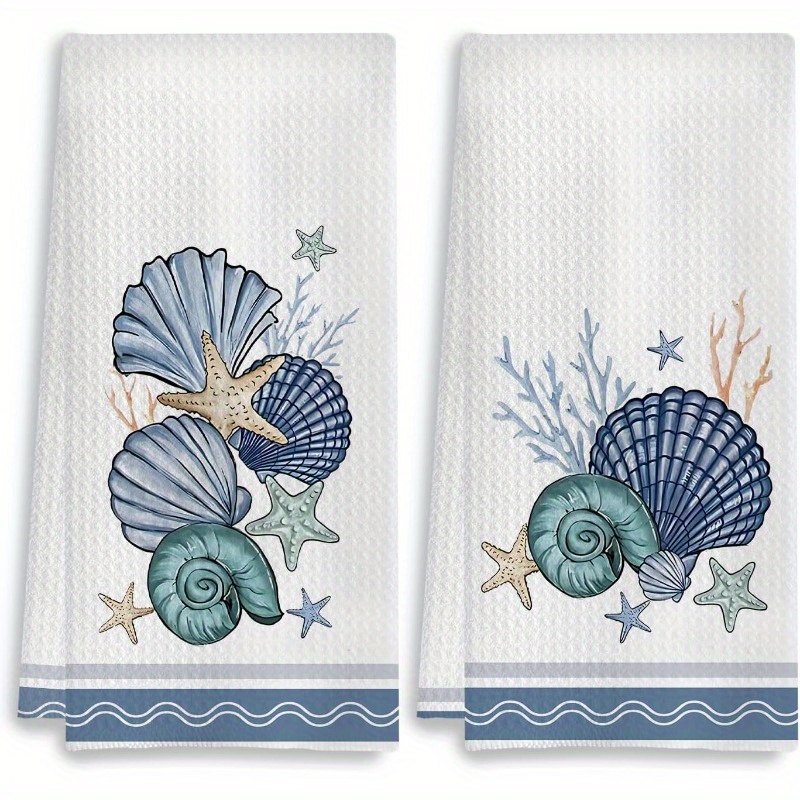 

2pcs Coastal Beach Kitchen Towels - 18x26 Inches, Ocean Seashell & Starfish Design, Soft Polyester Hand Towels For Kitchen, Bathroom, Or Beach Decor, Perfect Gift For Home Or Summer