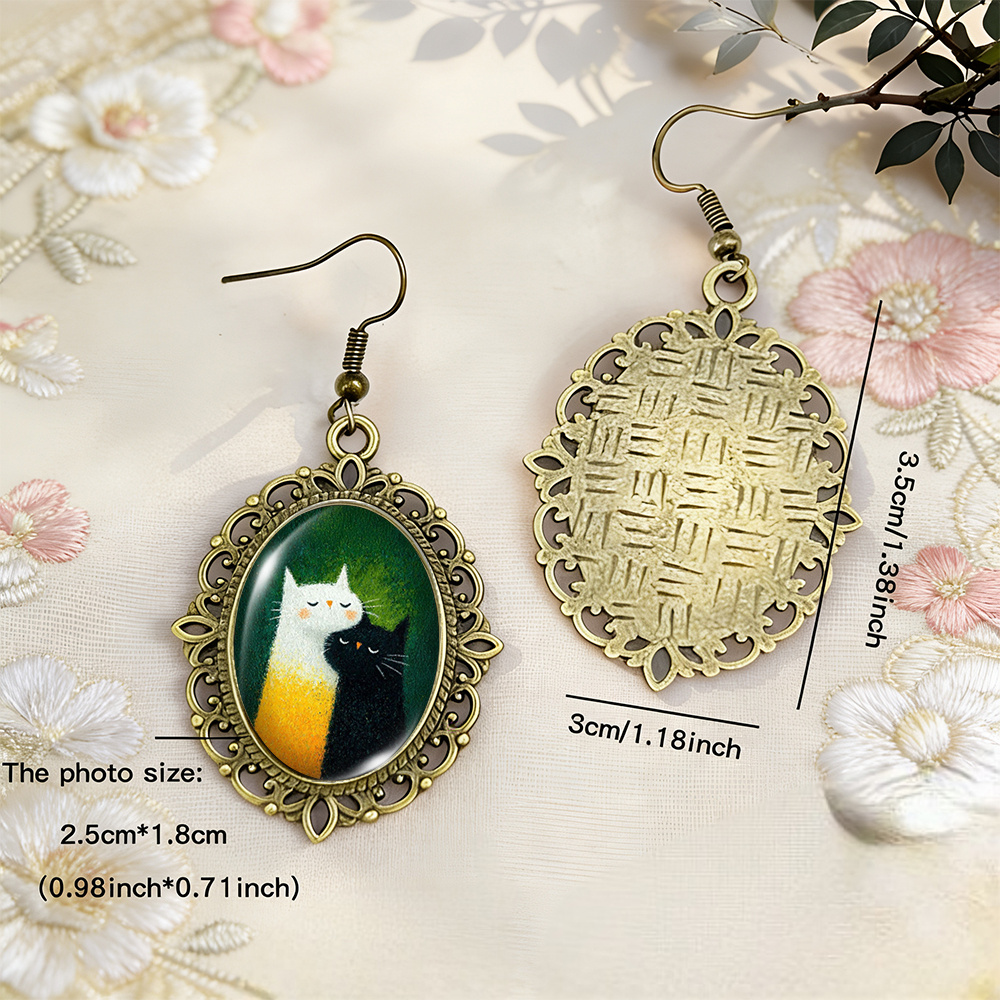 Black & White Embracing Cats Minimalist Lace Earrings and Pendant