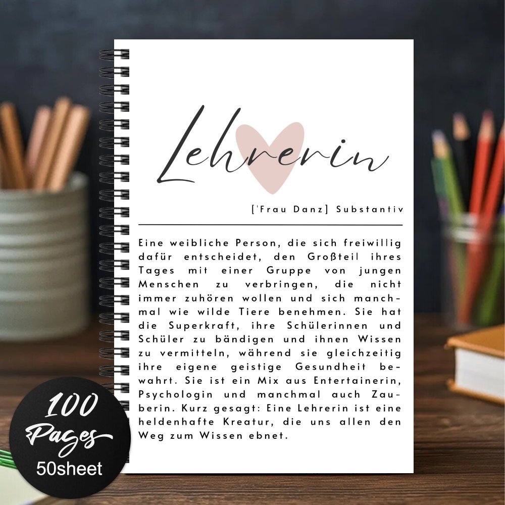 E-shop 1 Stück Geschenk für Deutschlehrerinnen – Elegantes Handgeschriebenes 'Lehrerin' (Fraulehrerin) Notizbuch mit Herz-Akzent, Minimalistisches