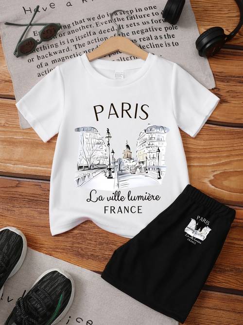 paris fun letter t shirt shorts 2pcs set kids novelty cute o neck short sleeve top elastic waist shorts 2pcs summer girls fashion trendy outfit outdoor