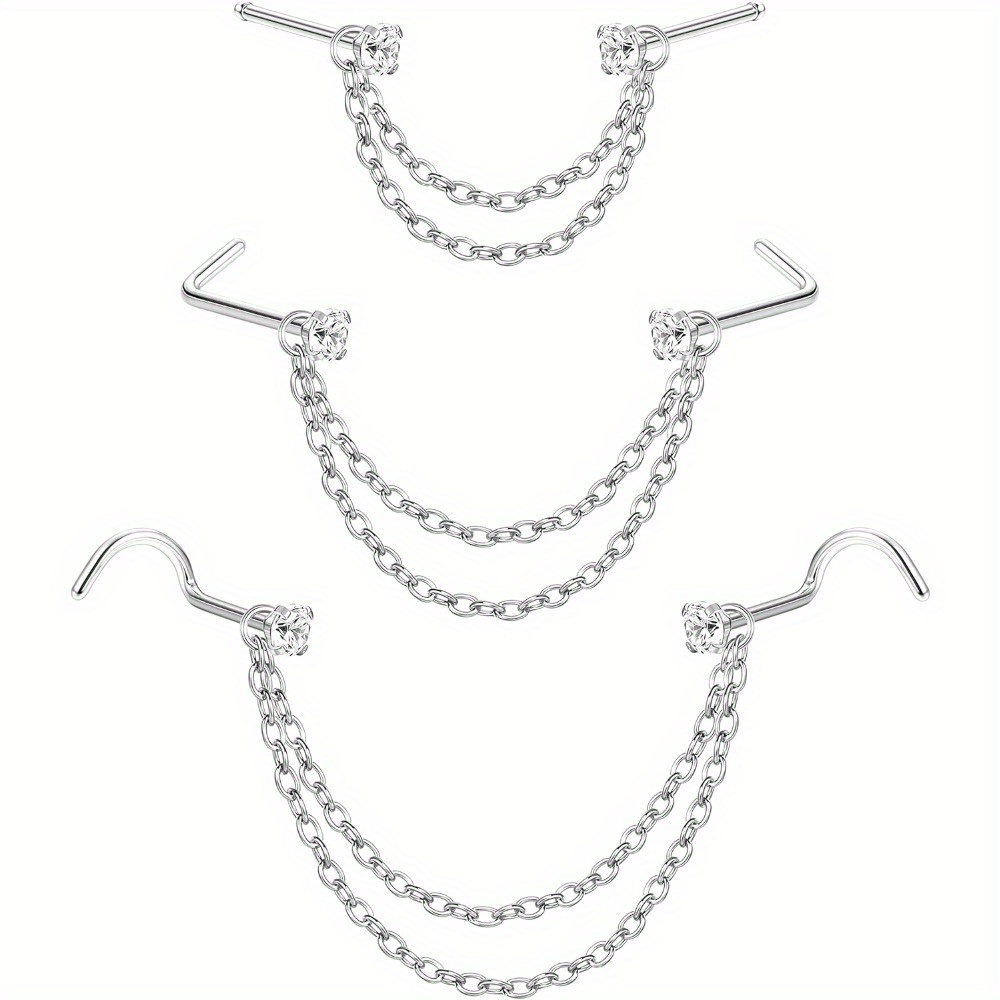9pcs Nose Chain Piercing Nose Surgical Steel Nostril Piercing Jewelry Cz L Shaped Nose Studs And Heart Chain 20g Nose Chain Piercing For Women