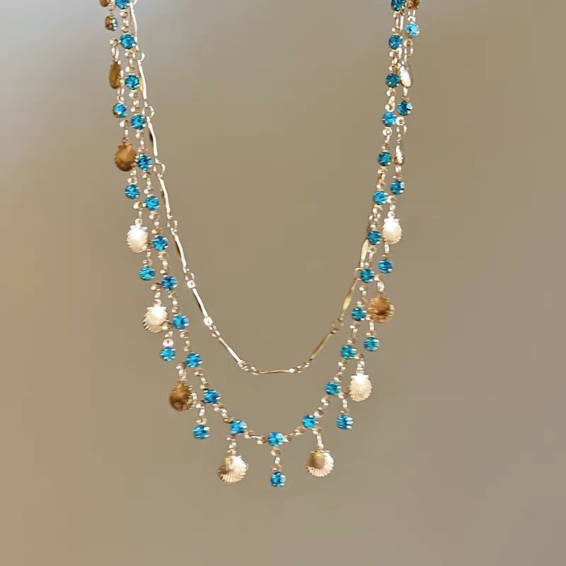 TEMU Collana da donna 1 pz elegante e squisita, , a regolabile, con nappe a conchiglia e strass blu da spiaggia, accessorio qualit�, catena clavicola