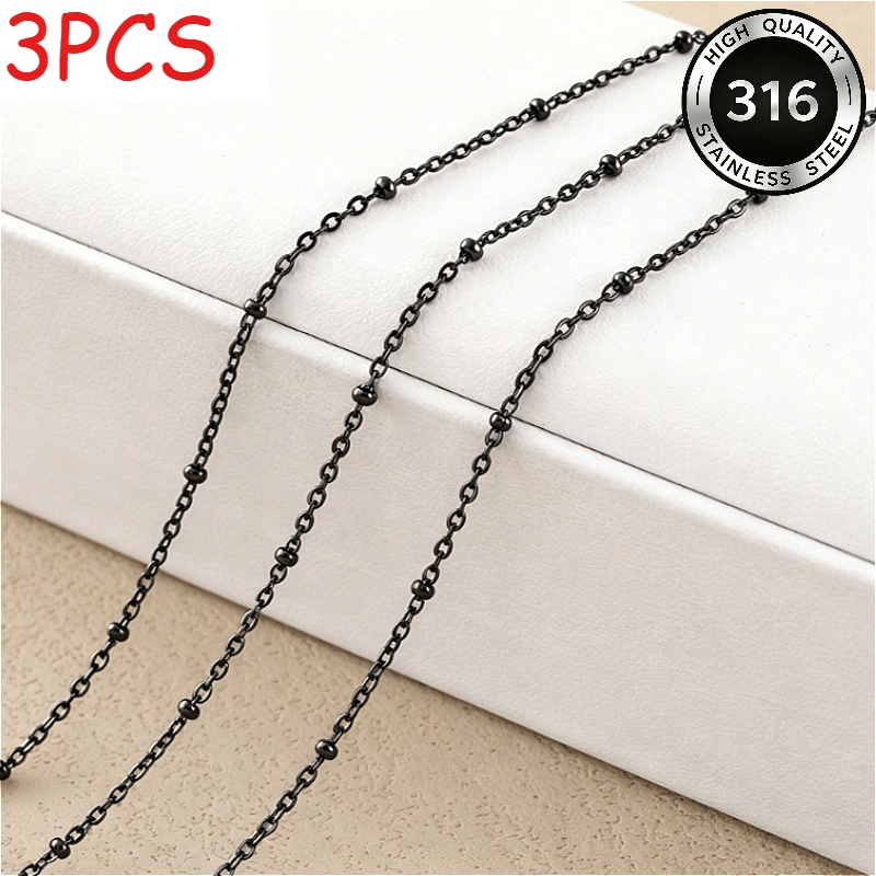 3pc Black Bead O-Chain Necklace Set, Stainless Steel