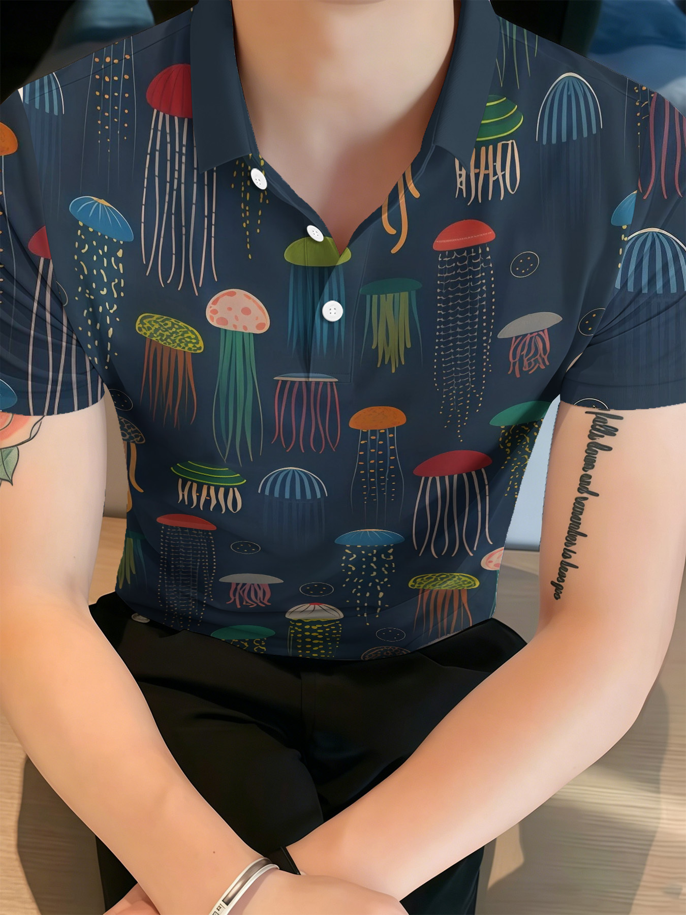 item picture dark   color cartoon jellyfish ocean all   short sleeve   shirt mens marine casual   printed design not textured 2d printing made in china