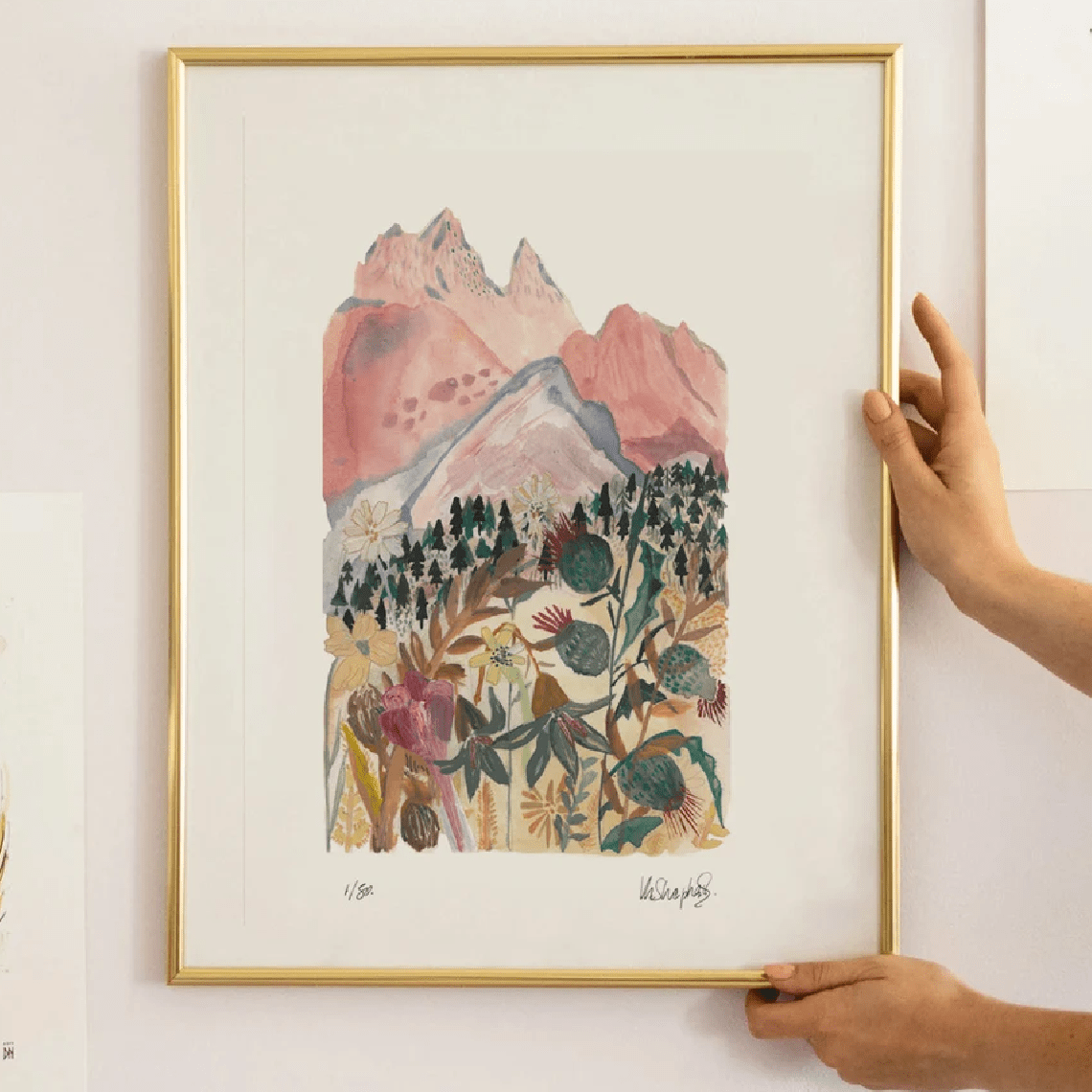 TEMU Decoración de pared 2D, 2D , 1 pieza, un póster retro con un paisaje de montaña rosa, fino A4, edición firmada, ideal para decorar un dormitorio