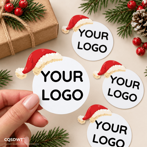 item picture custom christmas hat logo stickers or image and well add a christmas hat personalized christmas stickers custom labels stickers suitable for gift packaging coffee mugs baking packaging small business