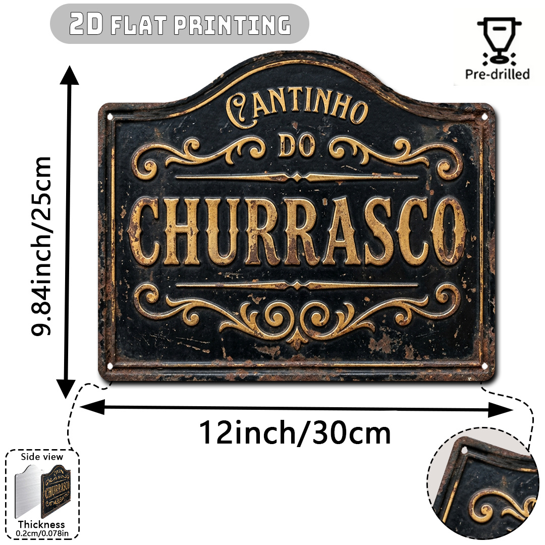 TEMU 【2D Plat】 [2D Plat] 1pc Panneau Vintage Rouillé en Aluminium sur le Thème du BBQ Brésilien, (12'X9.8'), Texture Rouillée Dommagée, Décoration