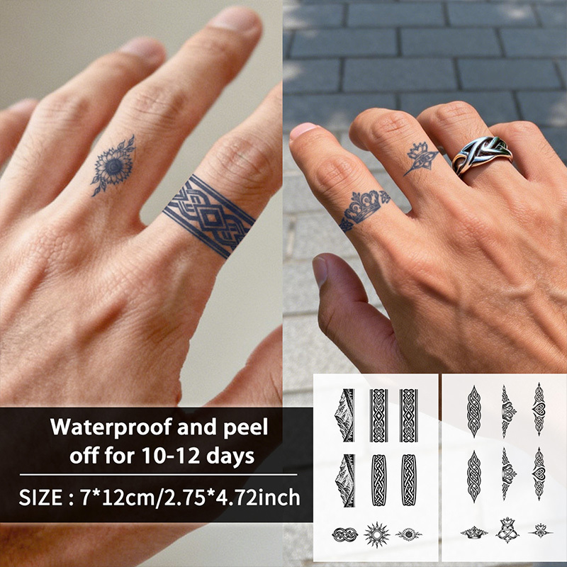 Geometric Flower Ring Herbal Temporary Tattoo Sticker, Realistic Design, Semi-permanent Tattoo Color, Waterproof And Sweatproof, Lasts 1 To 2 Weeks, Suitable For Fingers