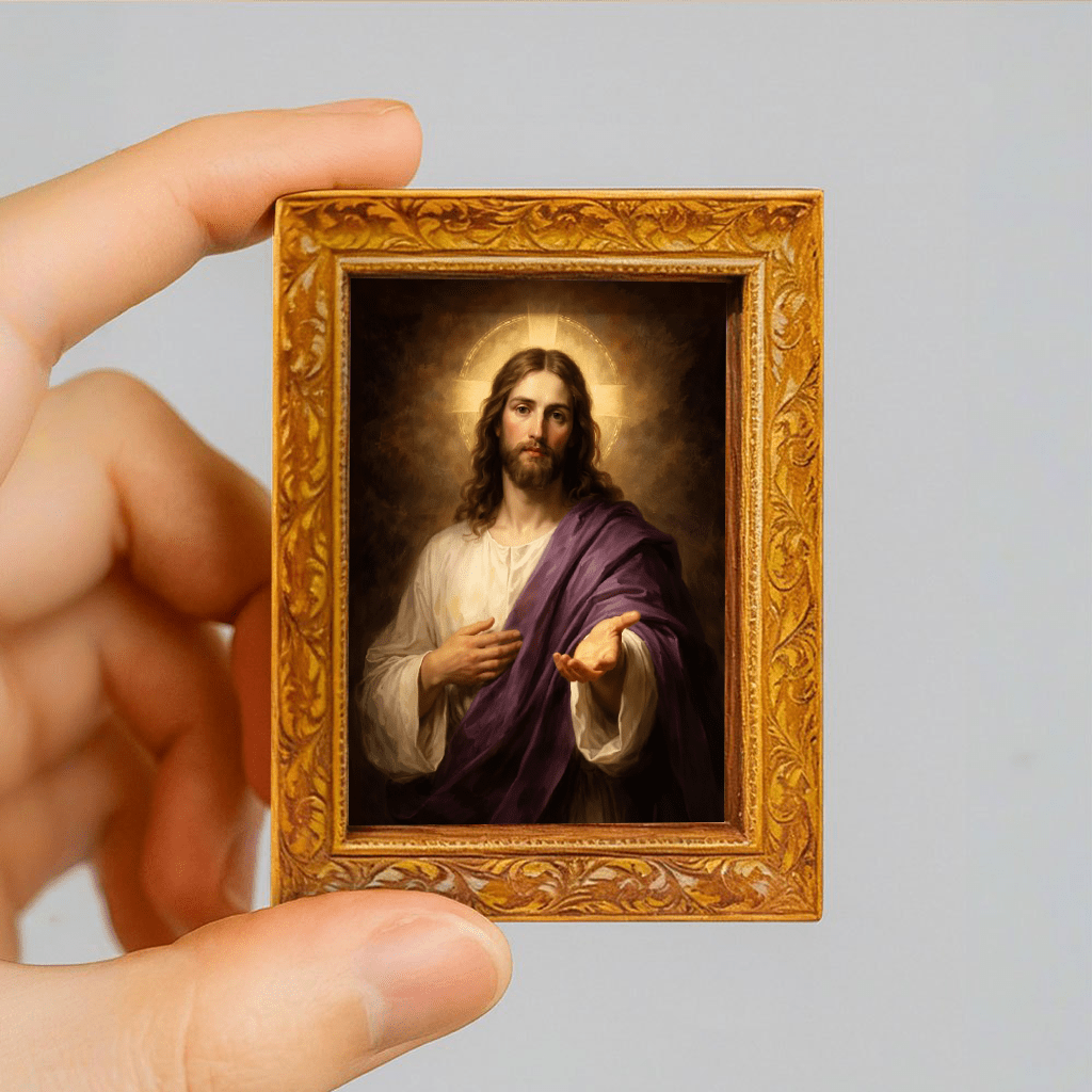 TEMU Imán de nevera único de marco de fotos cuadrado pequeño de madera con en pintura al óleo, con expresión compasiva extendiendo para salvar a .