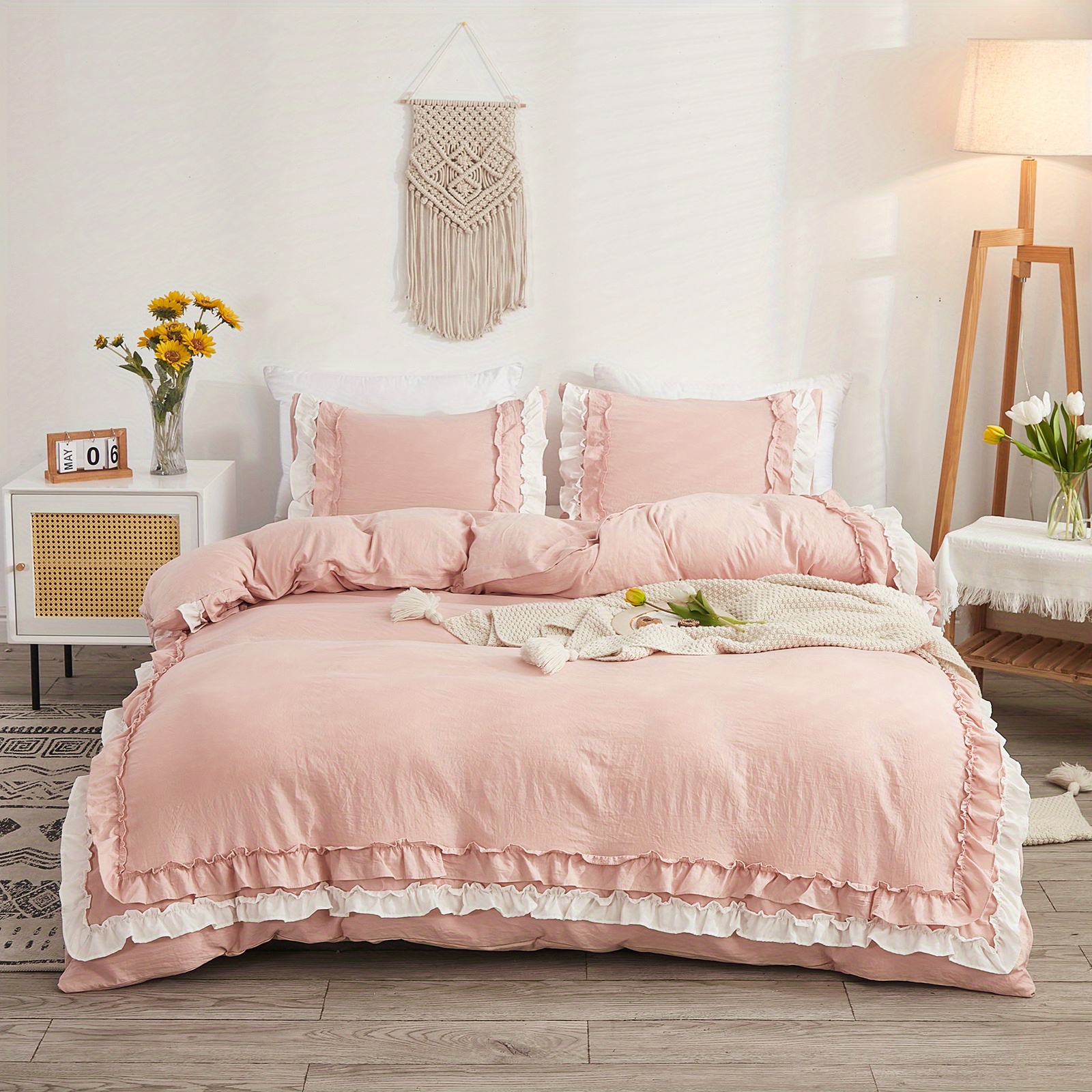 White Pink Bedding 3pcs Boho Farmhouse Duvet Cover Set 2 Layers Beige Design Cover Set Girls Bedding Ultra Soft Microfibre Bedding Season