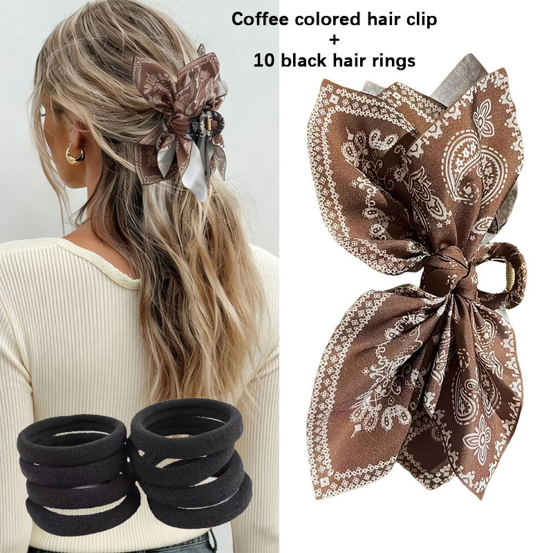 TEMU 11pcs/Set (1pc Pinces à Cheveux Femme Noix Fleur Papillon Nœud + 10 Anneaux Cheveux Noirs) Style Bohème, Grande Clip, Accessoire Cheveux Femme,