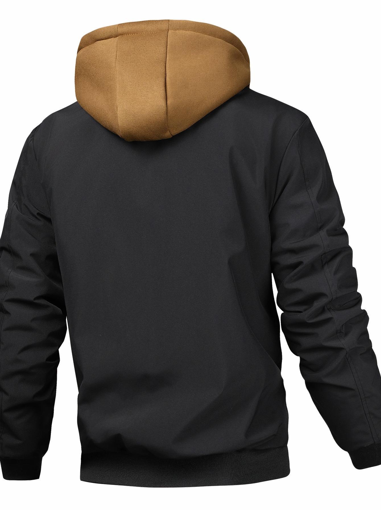 Chaqueta con Capucha de Color Sólido para Hombre - Forro a Cuadros, Cierre con Cremallera y Ajuste Holgado para Primavera/Otoño, 100% Poliéster, Puños Ribeteados y Cuello Alto, Ropa Casual Moderna, Tejido Duradero, Material Ligero, Estilo Urbano