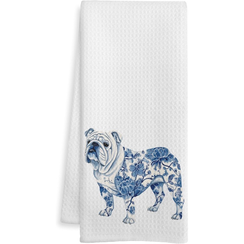 TEMU 1pc 18*26 And White Chinese-style British Bulldog Kitchen Towel, Female Bulldog Gift Dish Towel, Dog Lover Gift Decorative Towel