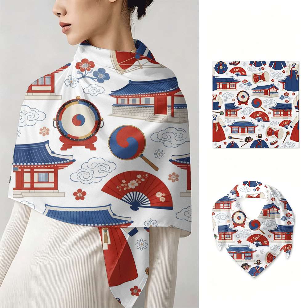 TEMU 1pc Korean Hanbok Scarf & Headscarf Suitable For Strapless Tops, Retro Women's Hair Bandana Or Bag Accessory - Architecture & Hanbok, Versatile