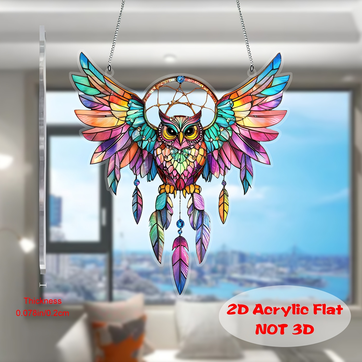 TEMU 2d Flat, 2d Flat Acrylic, 1pc Colorful Owl Acrylic Suncatcher - Christmas Hanging Ornament, Vibrant Pattern, Suitable For Living Room, Bedroom,
